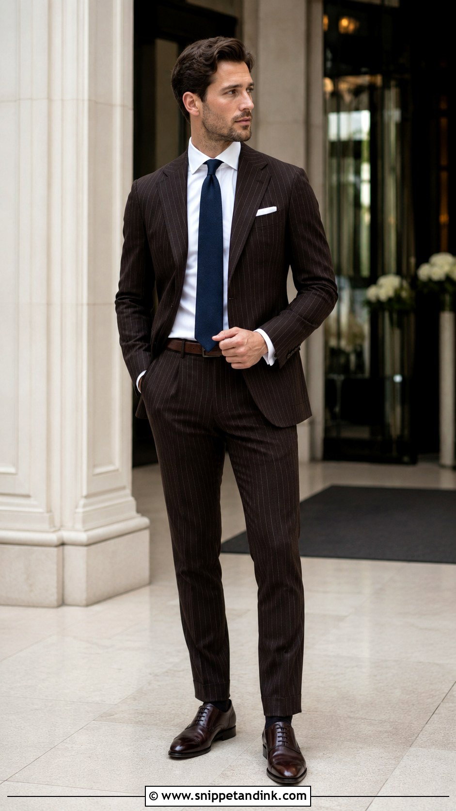 Dark Brown Pinstripe Suit With Solid Tie - Snippet and Ink - 20 Dark Brown Suit Wedding Ideas