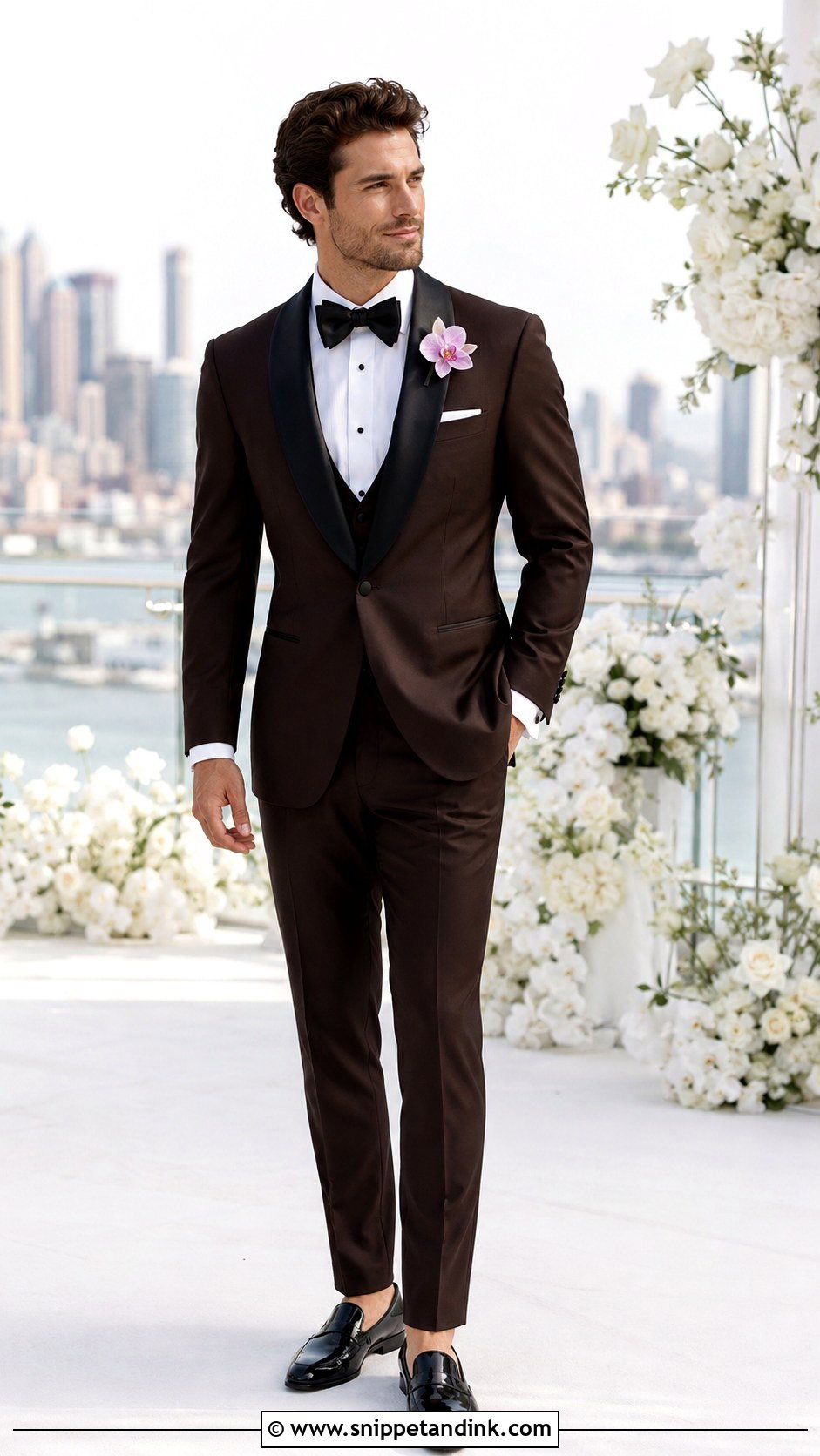 Dark Brown Shawl Collar Tuxedo - Snippet and Ink - 20 Dark Brown Tuxedo Wedding Ideas