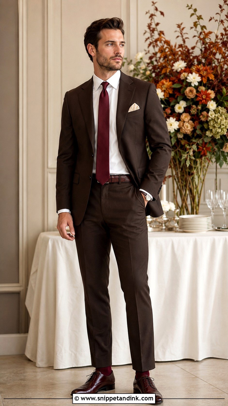Dark Brown Suit With Burgundy Tie - Snippet and Ink - 20 Dark Brown Suit Wedding Ideas