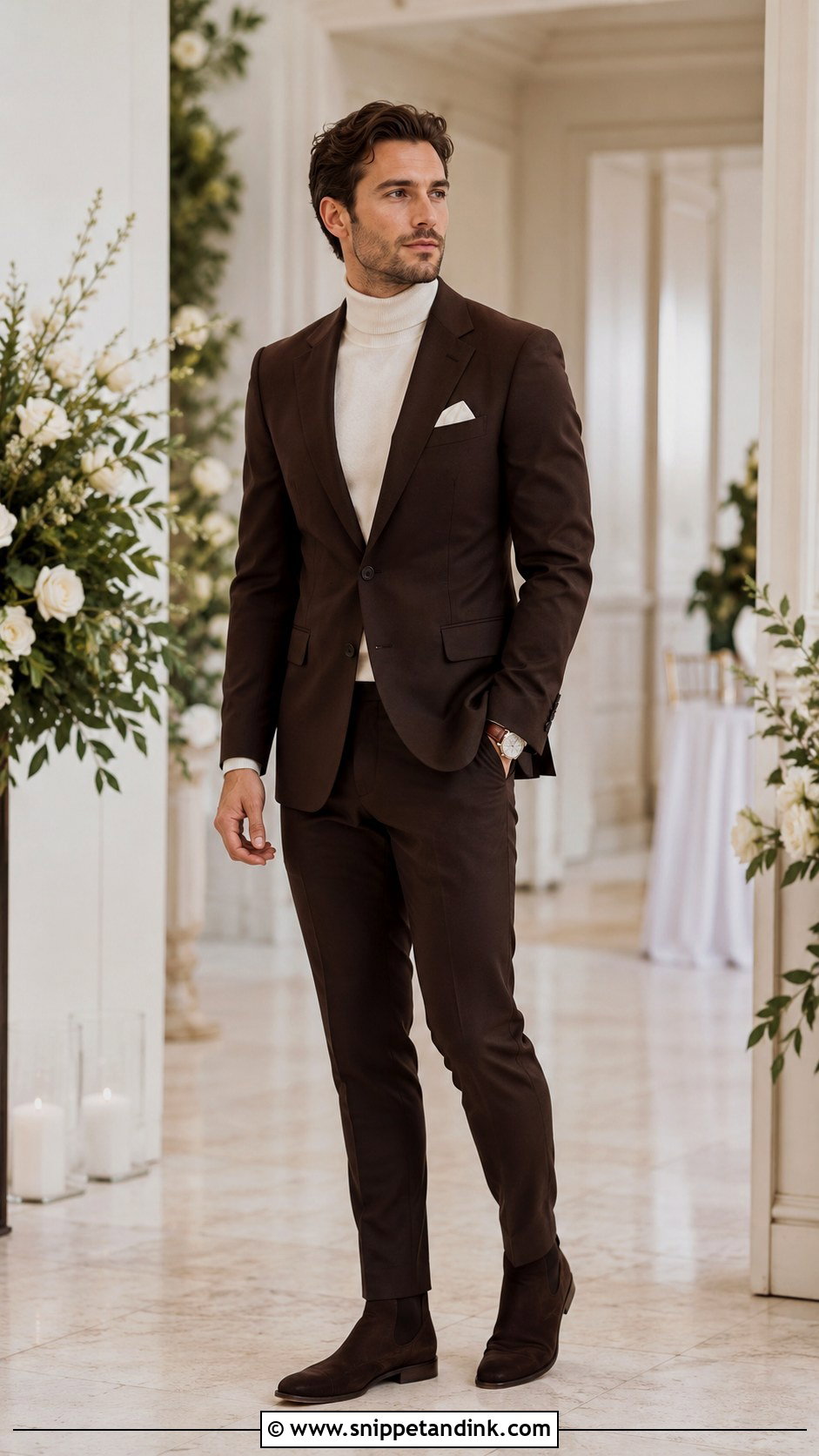 Dark Brown Suit With Cream Turtleneck - Snippet and Ink - 20 Dark Brown Suit Wedding Ideas