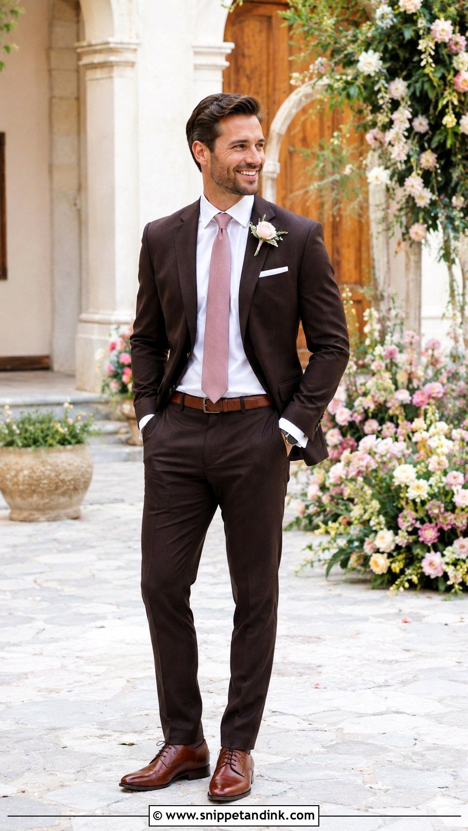 Dark Brown Suit With Dusty Rose Tie - Snippet and Ink - 20 Dark Brown Suit Wedding Ideas