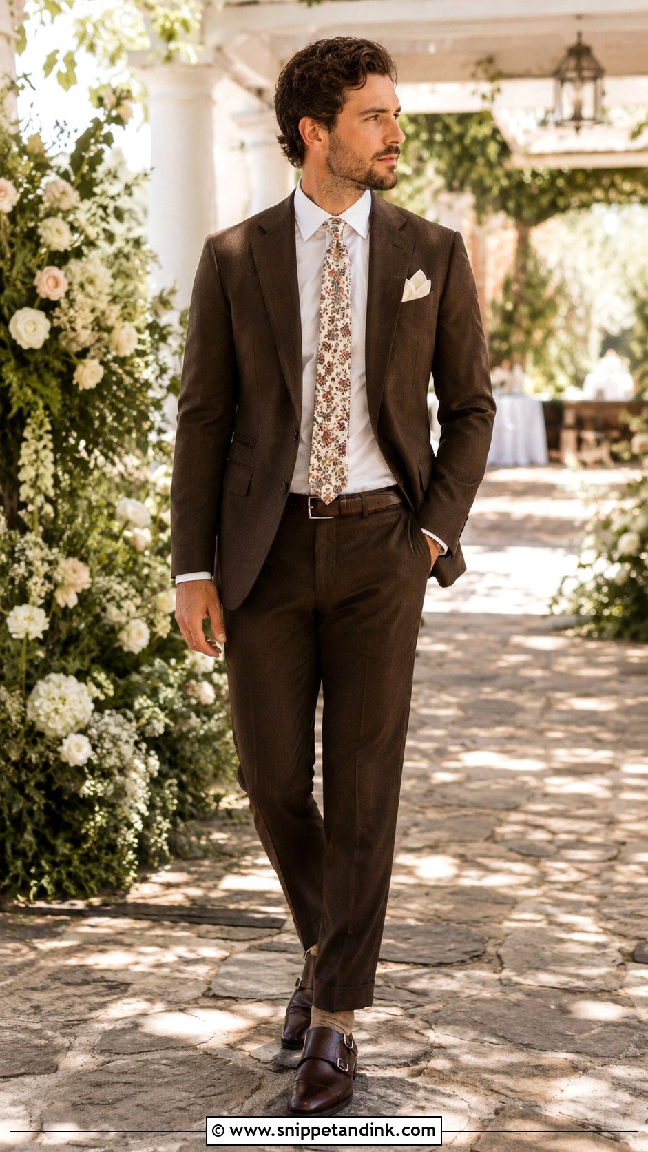 Dark Brown Suit With Floral Tie - Snippet and Ink - 20 Dark Brown Suit Wedding Ideas