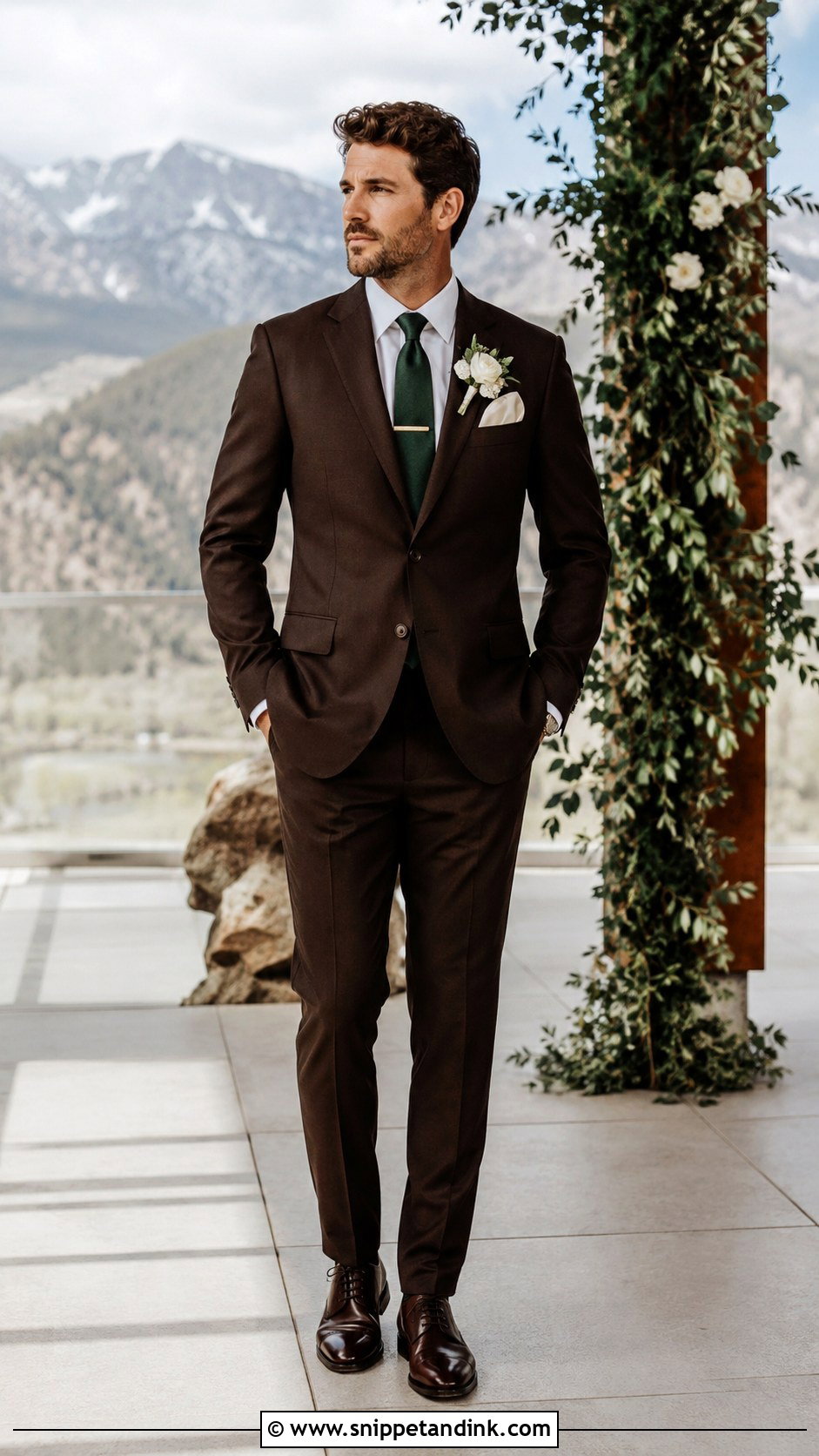 Dark Brown Suit With Forest Green Tie - Snippet and Ink - 20 Dark Brown Suit Wedding Ideas