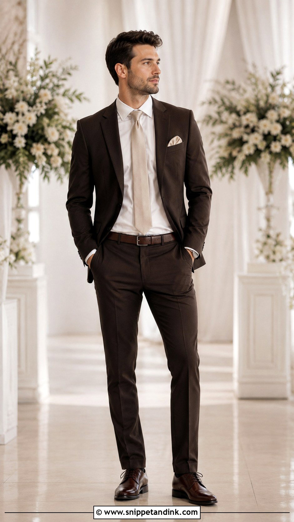 Dark Brown Suit With Ivory Shirt And Champagne Tie - Snippet and Ink - 20 Dark Brown Suit Wedding Ideas