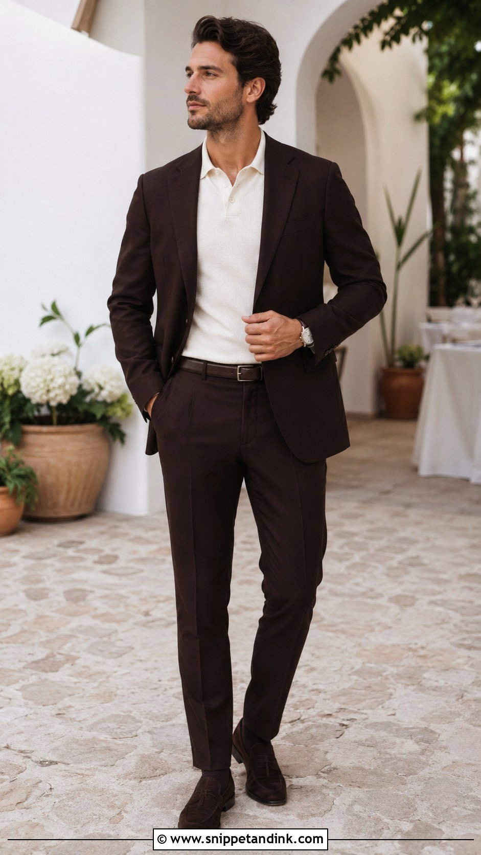 Dark Brown Suit With Knit Polo - Snippet and Ink - 20 Dark Brown Suit Wedding Ideas