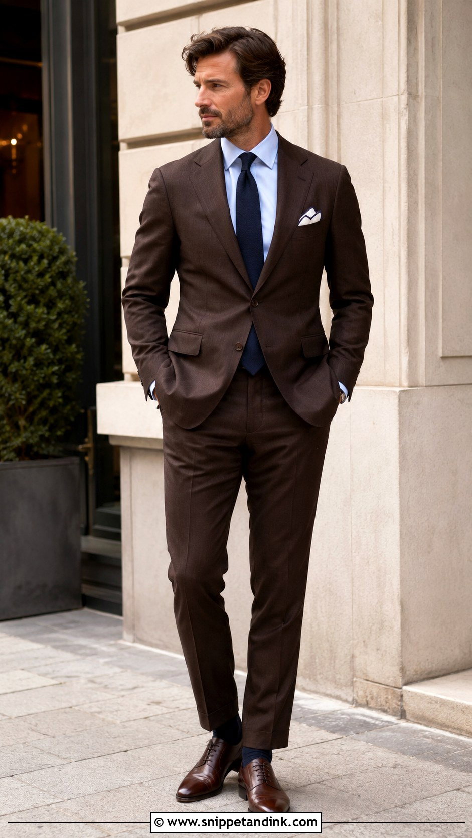 Dark Brown Suit With Light Blue Shirt And Navy Tie - Snippet and Ink - 20 Dark Brown Suit Wedding Ideas