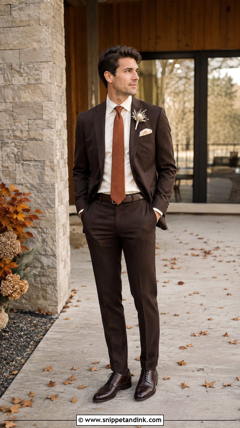 Dark Brown Suit With Rust Tie - Snippet and Ink - 20 Dark Brown Suit Wedding Ideas