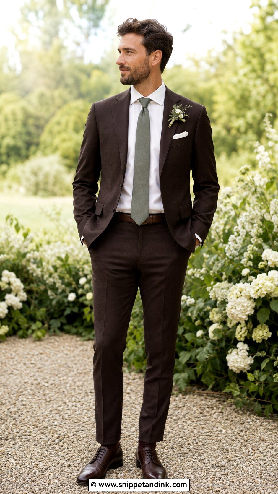 Dark Brown Suit With Sage Green Tie - Snippet and Ink - 20 Dark Brown Suit Wedding Ideas