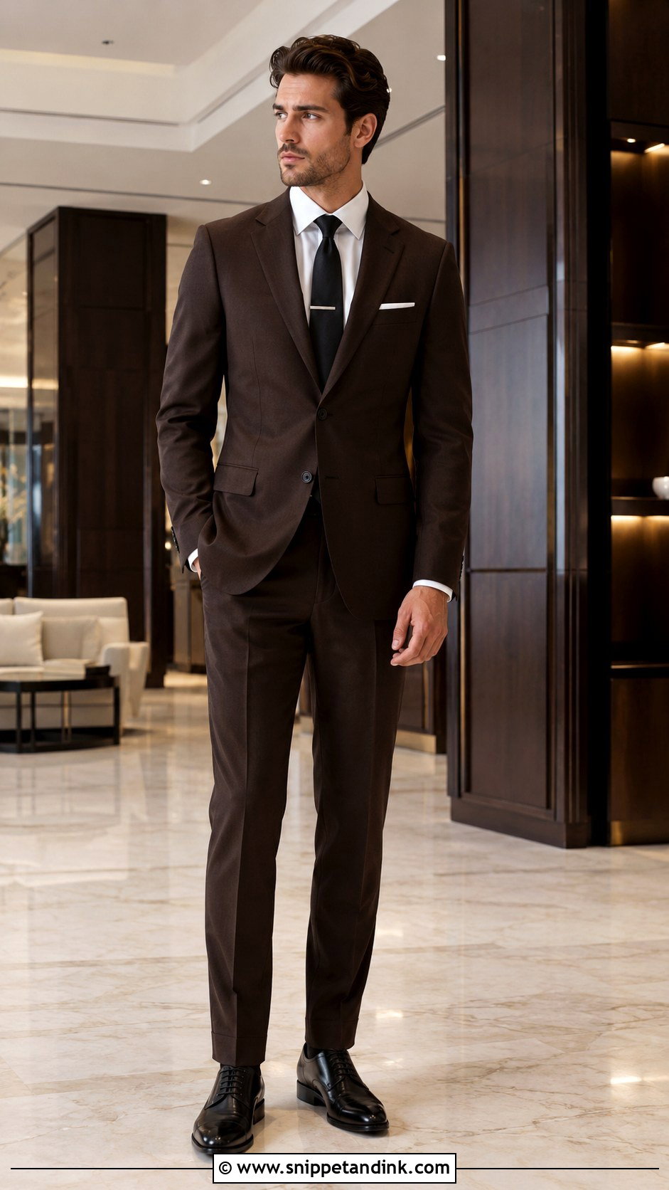 Dark Brown Suit With White Shirt And Black Tie - Snippet and Ink - 20 Dark Brown Suit Wedding Ideas