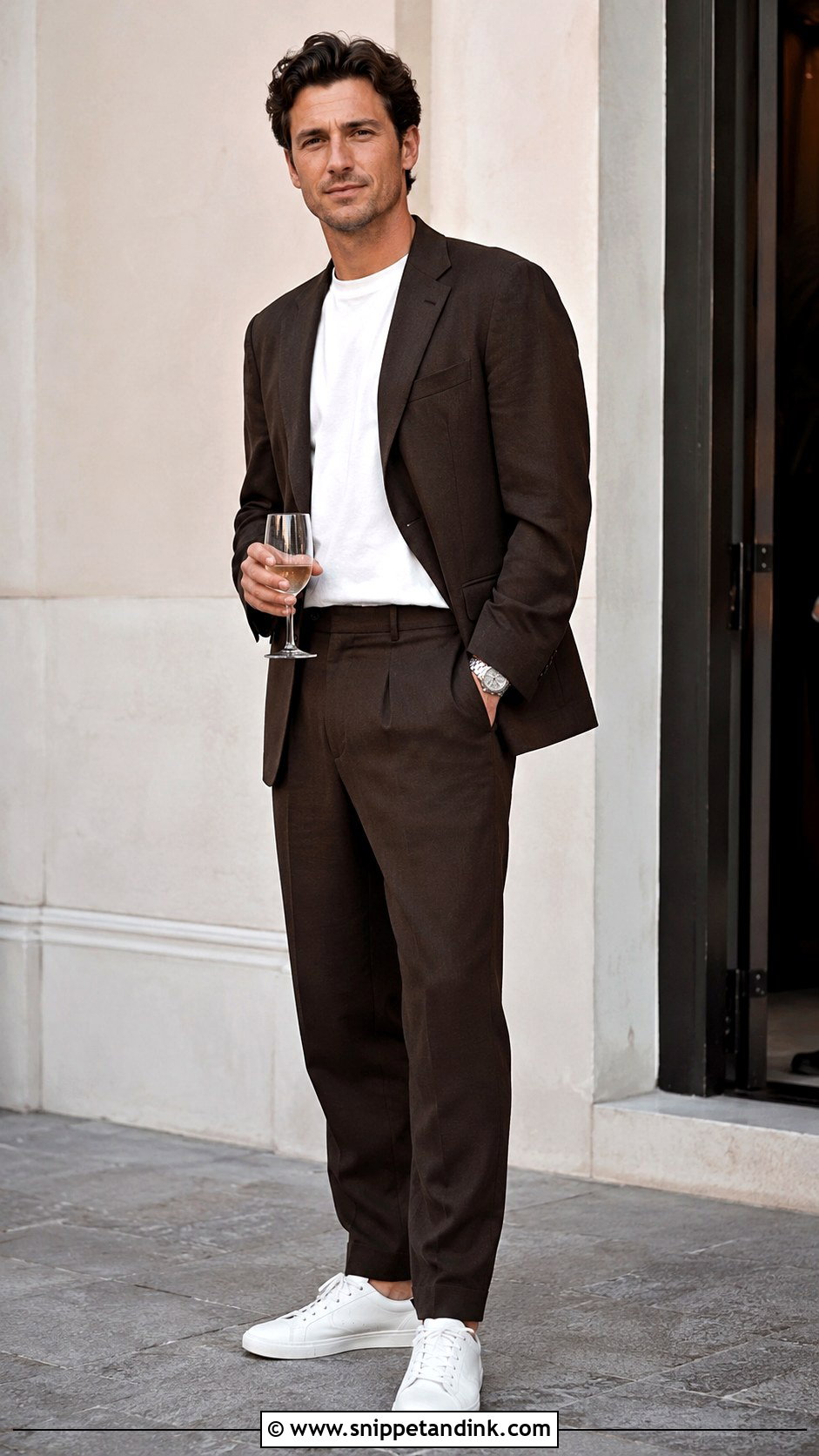 Dark Brown Suit With White T Shirt And Sneakers - Snippet and Ink - 20 Dark Brown Suit Wedding Ideas