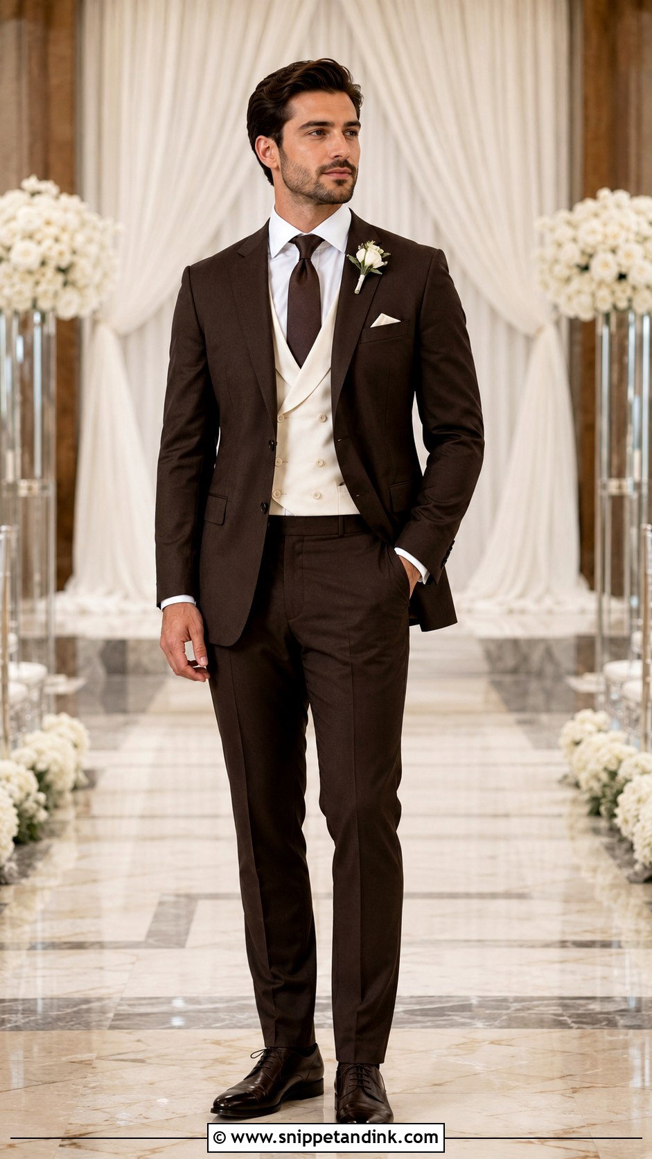 Dark Brown Three Piece Suit With Cream Waistcoat - Snippet and Ink - 20 Dark Brown Suit Wedding Ideas