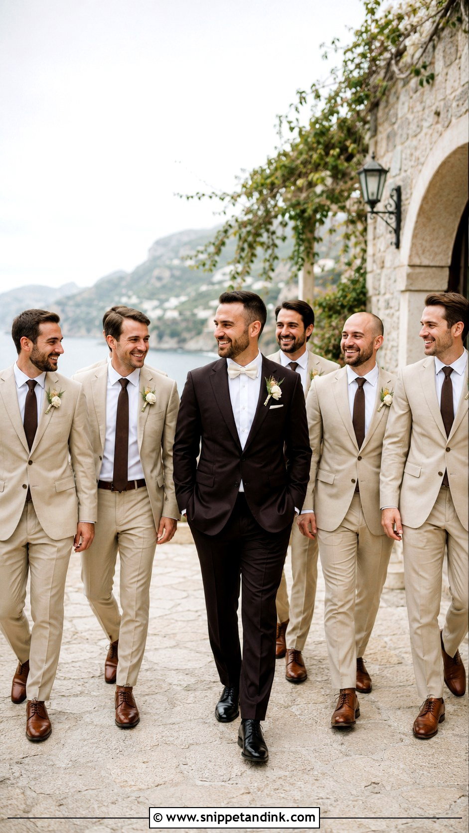 Dark Brown Tuxedo With Beige Groomsmen Suits - Snippet and Ink - 20 Dark Brown Tuxedo Wedding Ideas
