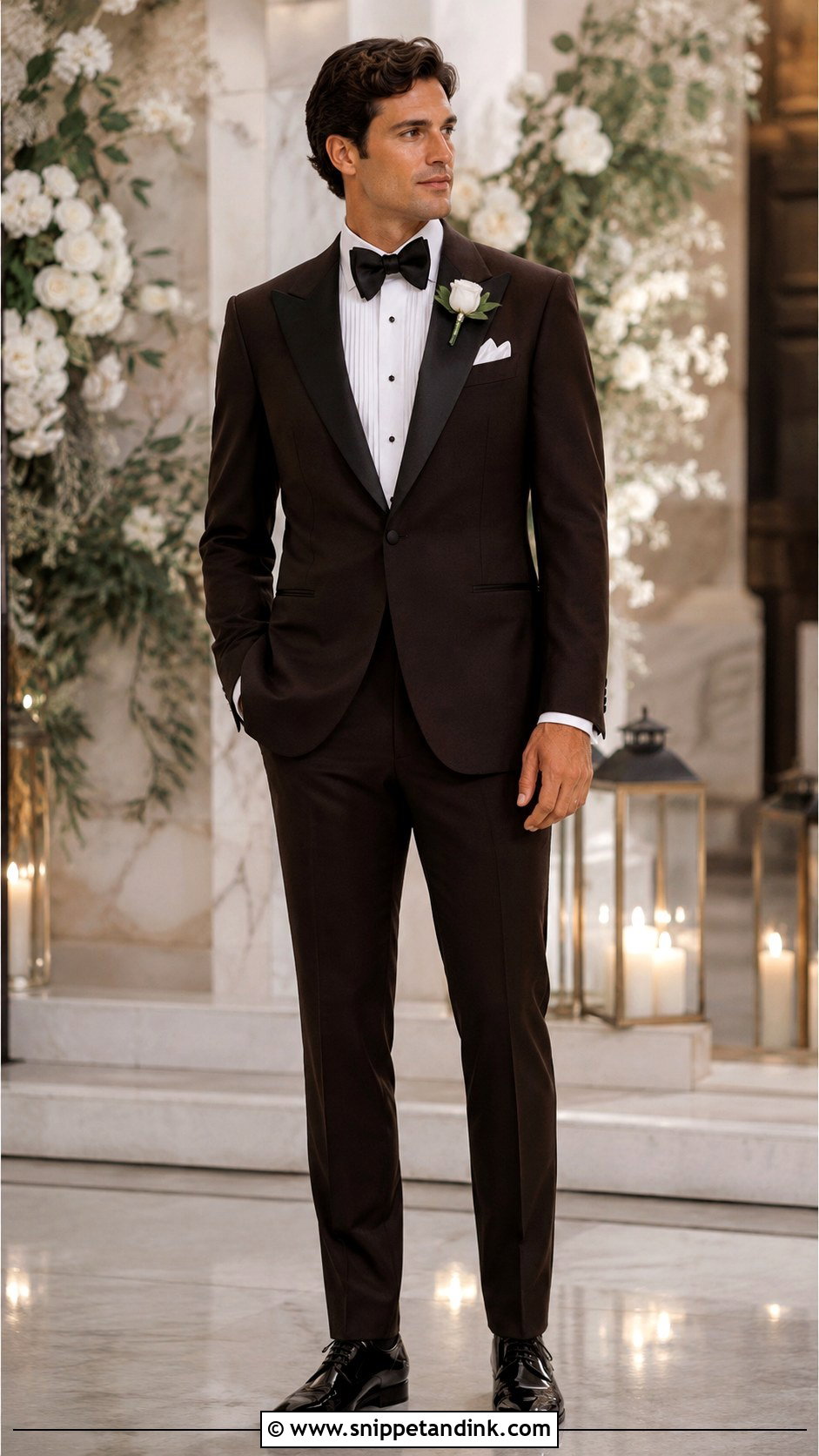 Dark Brown Tuxedo With Black Bow Tie - Snippet and Ink - 20 Dark Brown Tuxedo Wedding Ideas