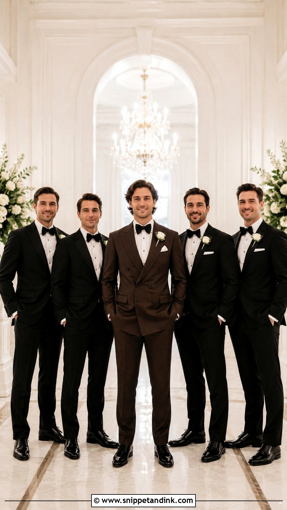 Dark Brown Tuxedo With Black Groomsmen Tuxedos - Snippet and Ink - 20 Dark Brown Tuxedo Wedding Ideas