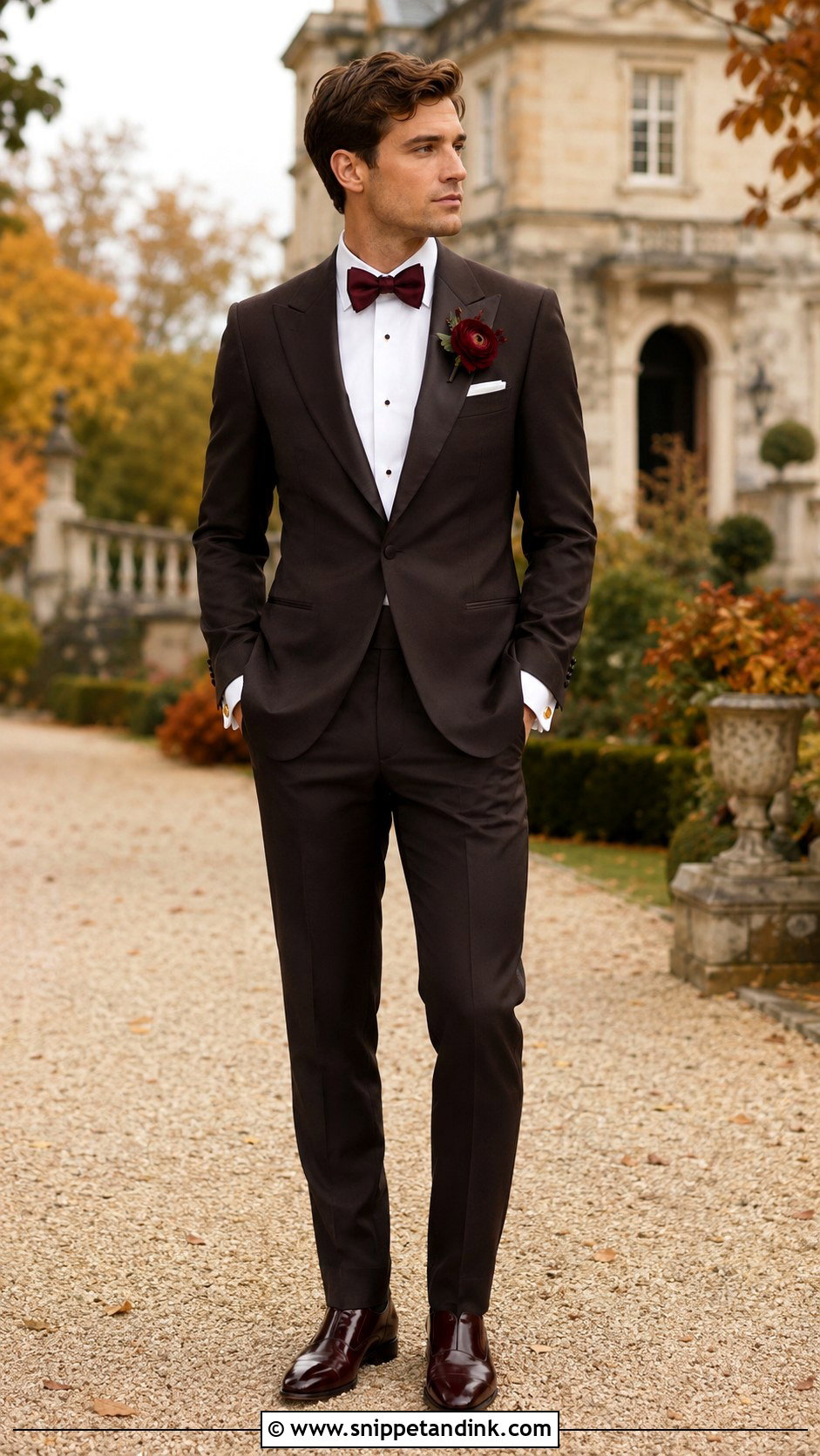 Dark Brown Tuxedo With Burgundy Bow Tie - Snippet and Ink - 20 Dark Brown Tuxedo Wedding Ideas