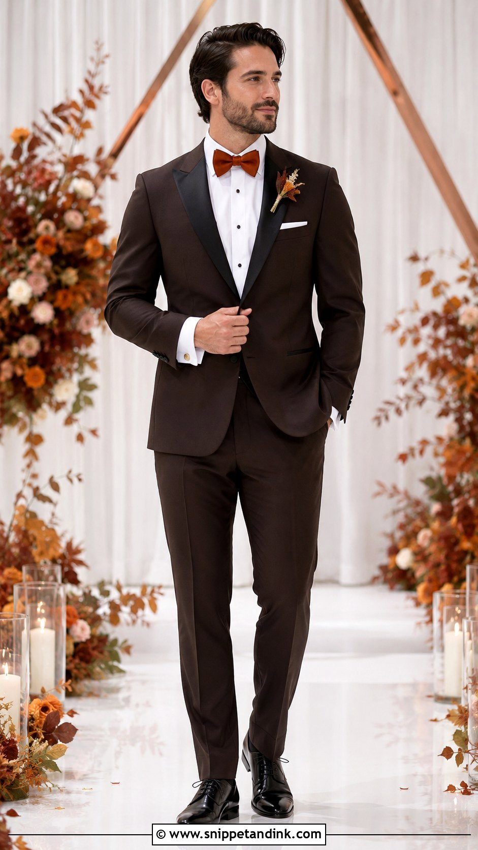 Dark Brown Tuxedo With Burnt Orange Bow Tie - Snippet and Ink - 20 Dark Brown Tuxedo Wedding Ideas