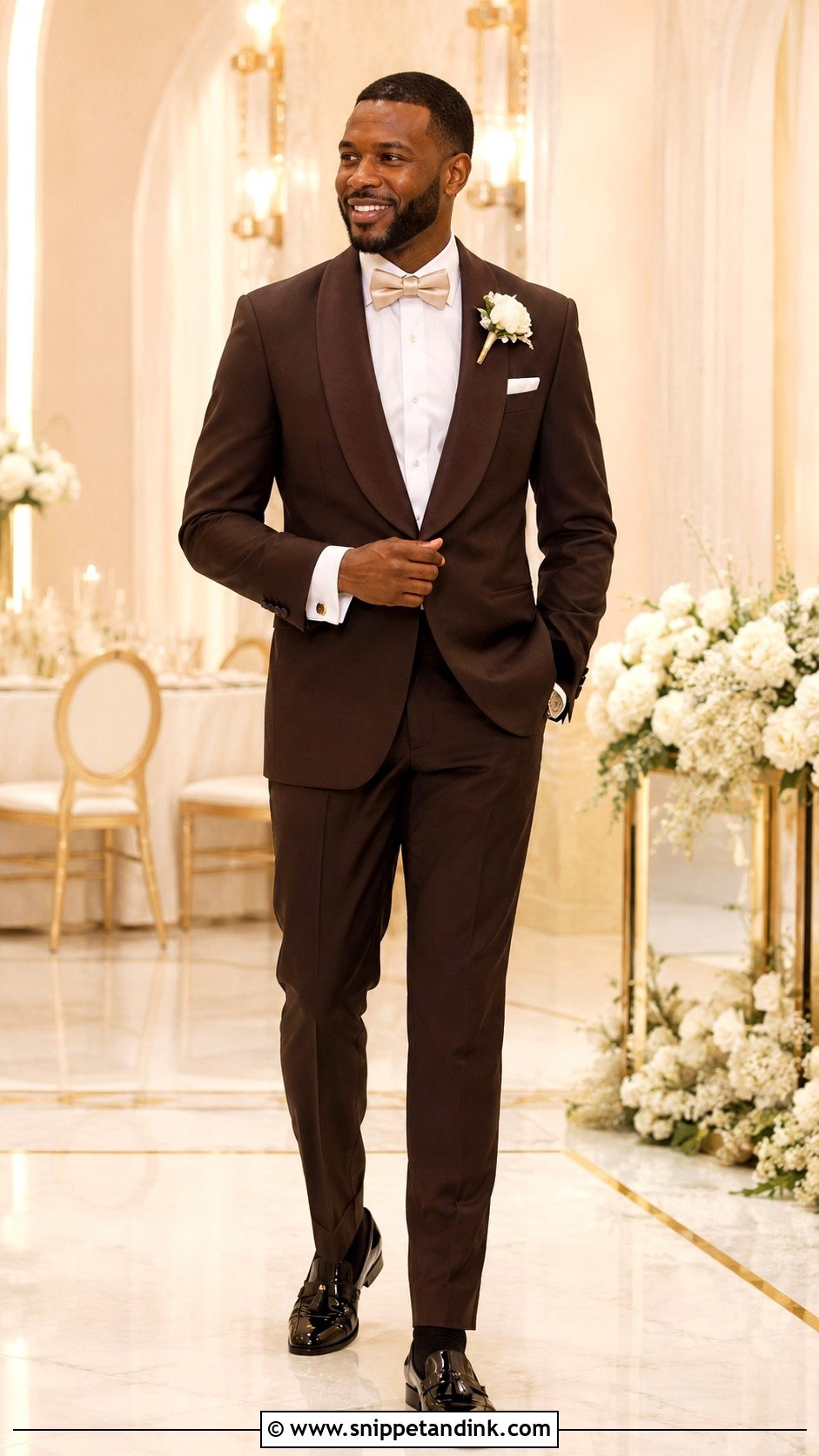 Dark Brown Tuxedo With Champagne Bow Tie - Snippet and Ink - 20 Dark Brown Tuxedo Wedding Ideas