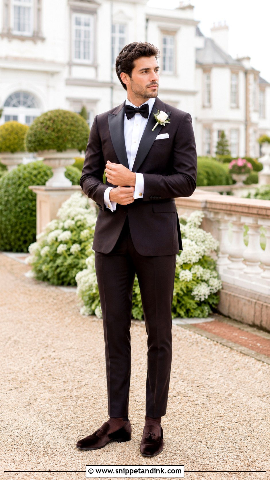 Dark Brown Tuxedo With Forest Green Bow Tie - Snippet and Ink - 20 Dark Brown Tuxedo Wedding Ideas