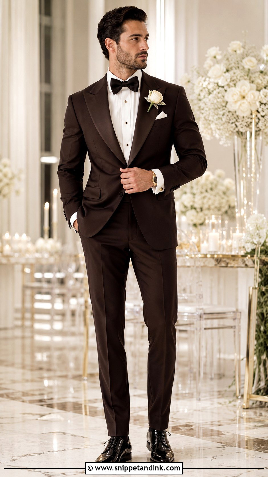 Dark Brown Tuxedo With Gold Accessories - Snippet and Ink - 20 Dark Brown Tuxedo Wedding Ideas