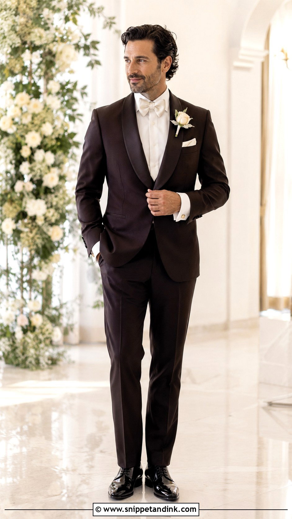 Dark Brown Tuxedo With Ivory Bow Tie - Snippet and Ink - 20 Dark Brown Tuxedo Wedding Ideas