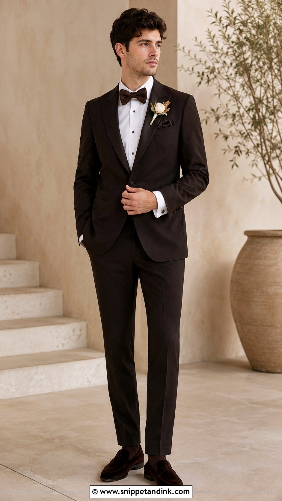 Dark Brown Tuxedo With Monochrome Brown Accessories - Snippet and Ink - 20 Dark Brown Tuxedo Wedding Ideas