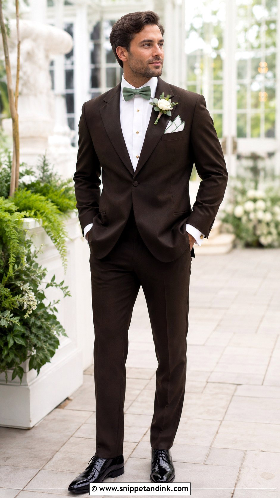 Dark Brown Tuxedo With Sage Green Accessories - Snippet and Ink - 20 Dark Brown Tuxedo Wedding Ideas