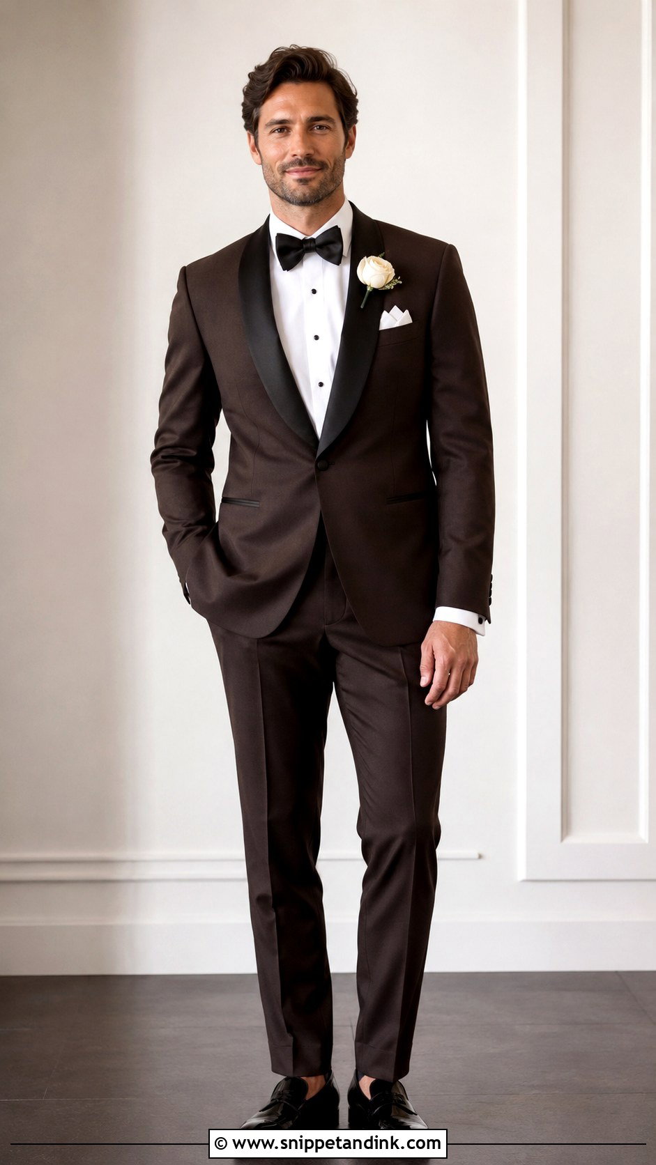 Dark Brown Tuxedo With Velvet Bow Tie - Snippet and Ink - 20 Dark Brown Tuxedo Wedding Ideas