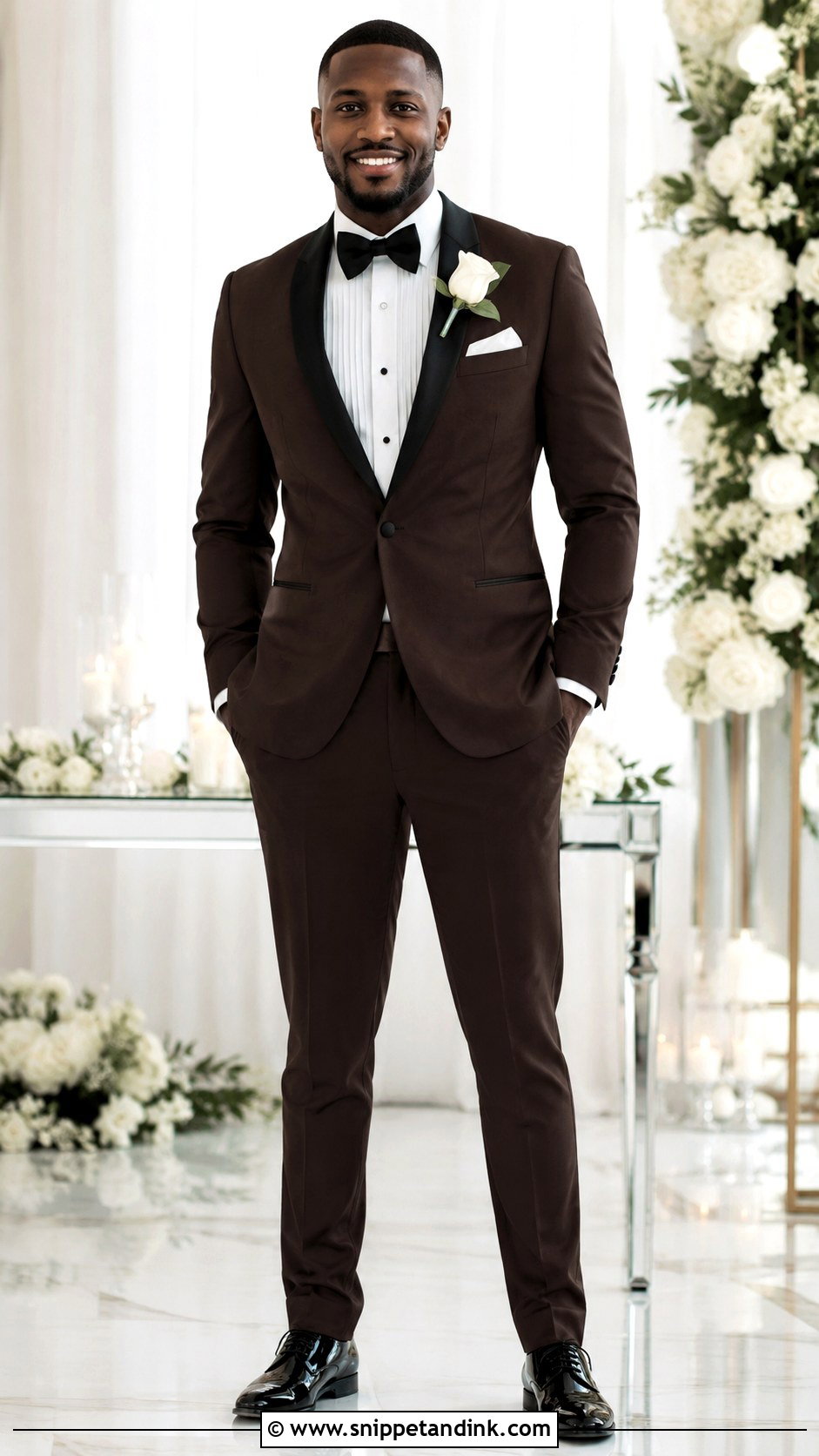 Dark Brown Tuxedo With White Pleated Shirt - Snippet and Ink - 20 Dark Brown Tuxedo Wedding Ideas