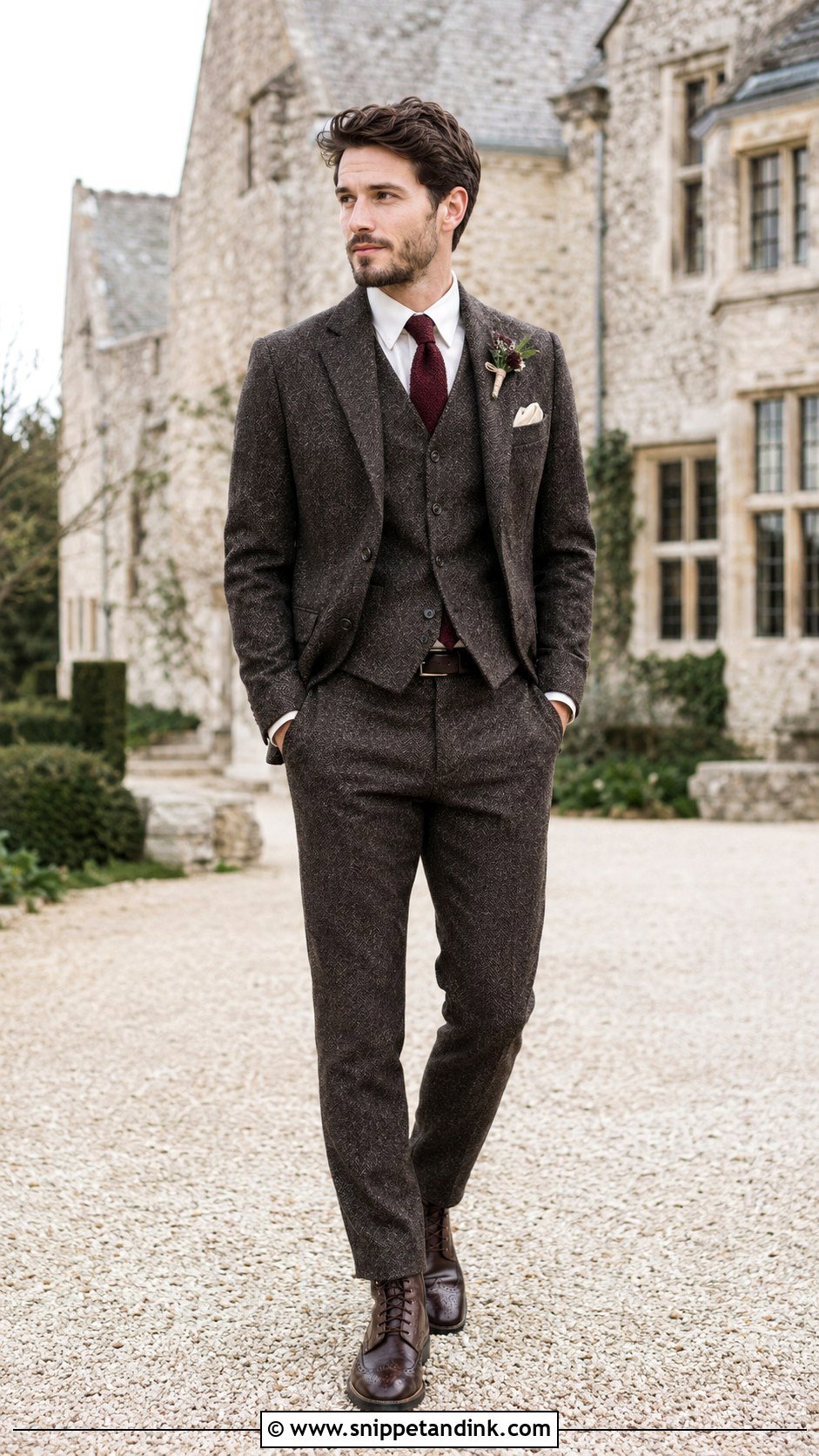 Dark Brown Tweed Suit With Burgundy Tie - Snippet and Ink - 20 Dark Brown Suit Wedding Ideas