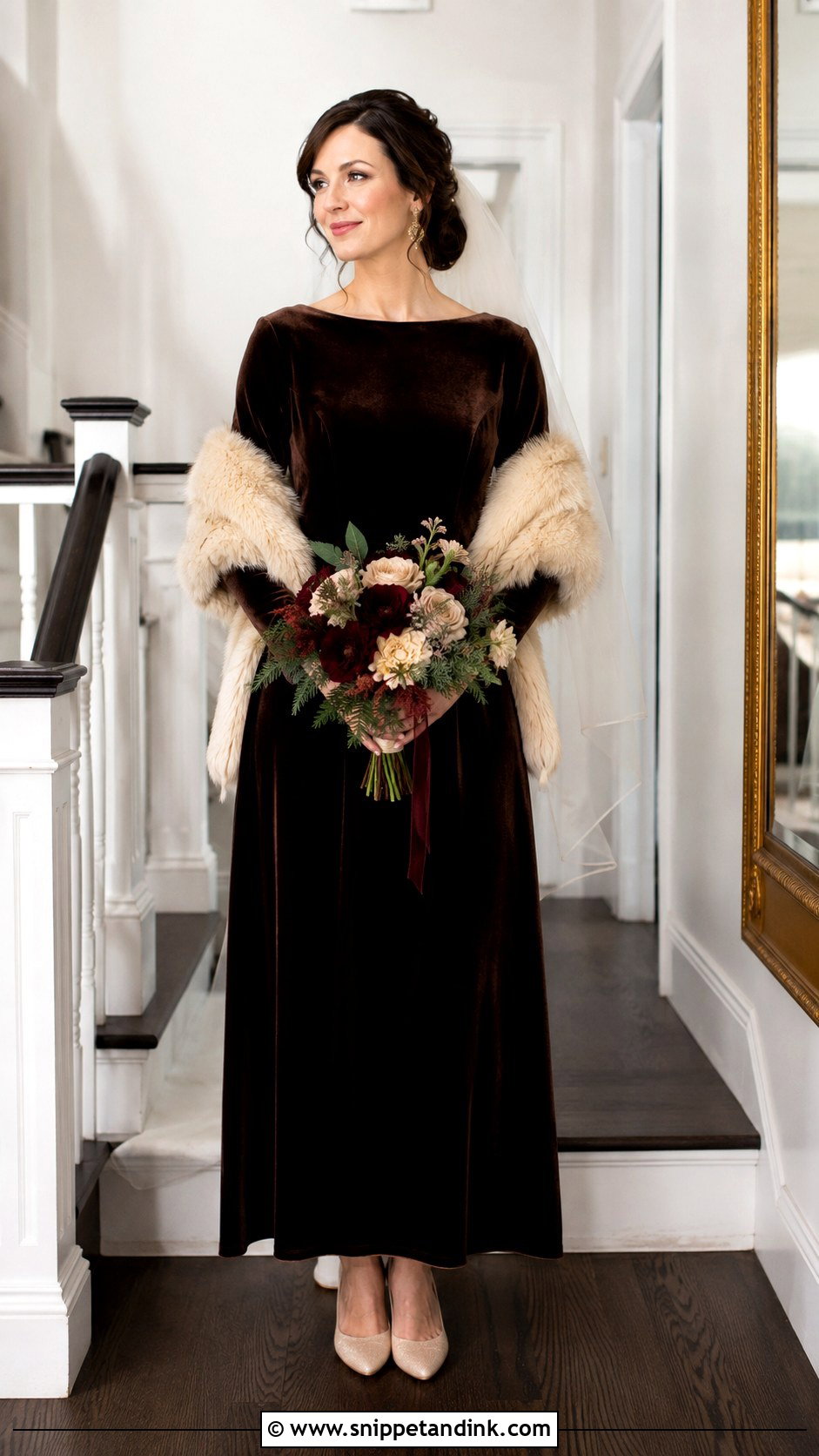Dark Brown Velvet Long Sleeve Wedding Dress - Snippet and Ink - 20 Dark Brown Wedding Dress Ideas