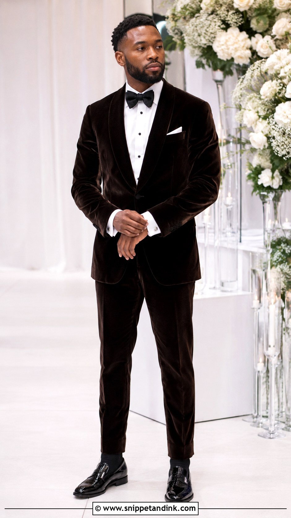 Dark Brown Velvet Suit With Black Accessories - Snippet and Ink - 20 Dark Brown Suit Wedding Ideas