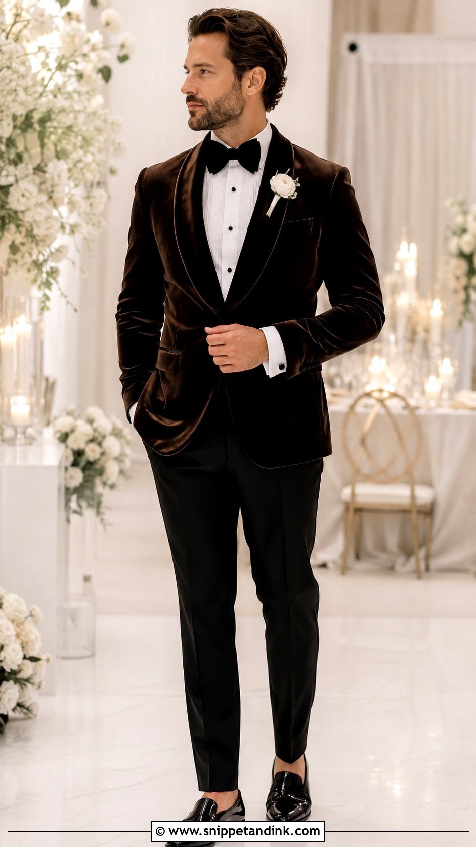 Dark Brown Velvet Tuxedo With Black Trousers - Snippet and Ink - 20 Dark Brown Tuxedo Wedding Ideas