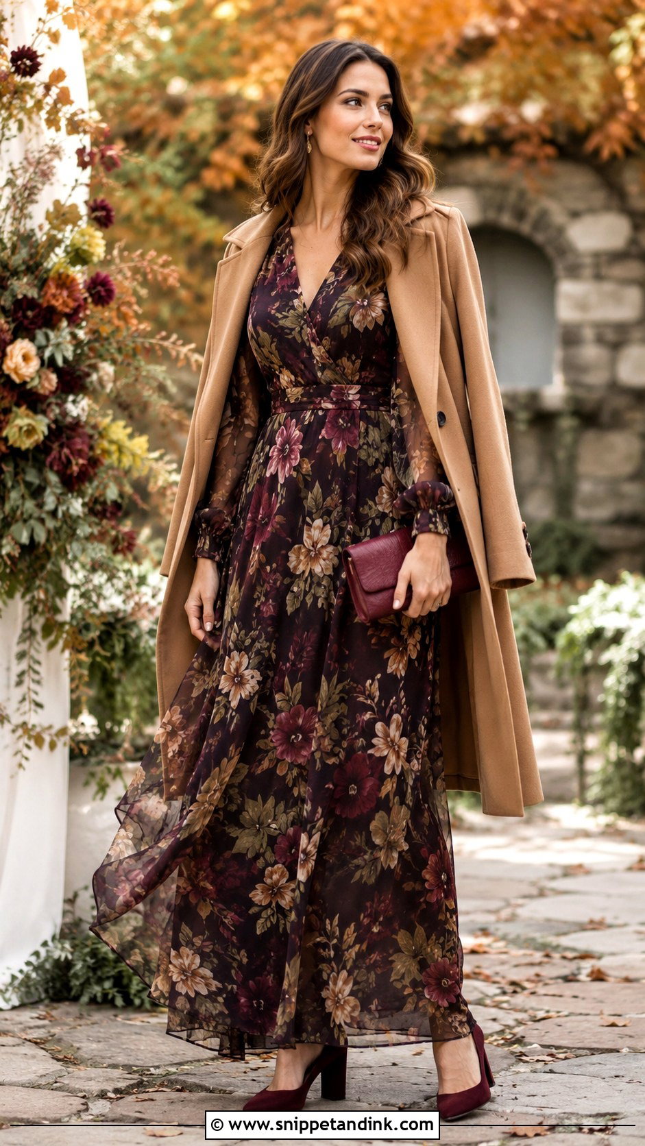 Dark Floral Fall Wedding Dress With Burgundy Heels - Snippet and Ink - 20 Fall Wedding Dresses