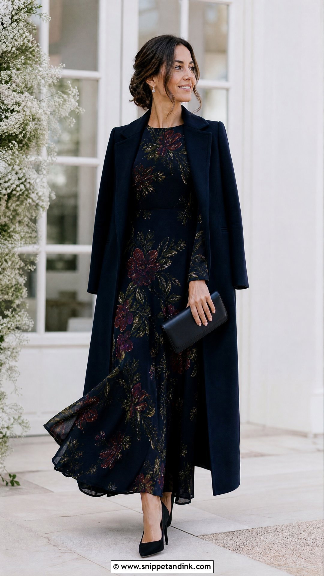 Dark Floral Maxi Dress Winter Wedding Outfit - Snippet and Ink - 20 What to Wear to a Wedding in Winter Ideas