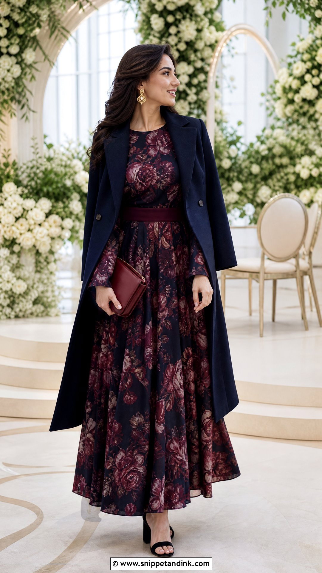 Dark Floral Maxi Winter Wedding Outfit - Snippet and Ink - 20 Winter Outfits for Wedding