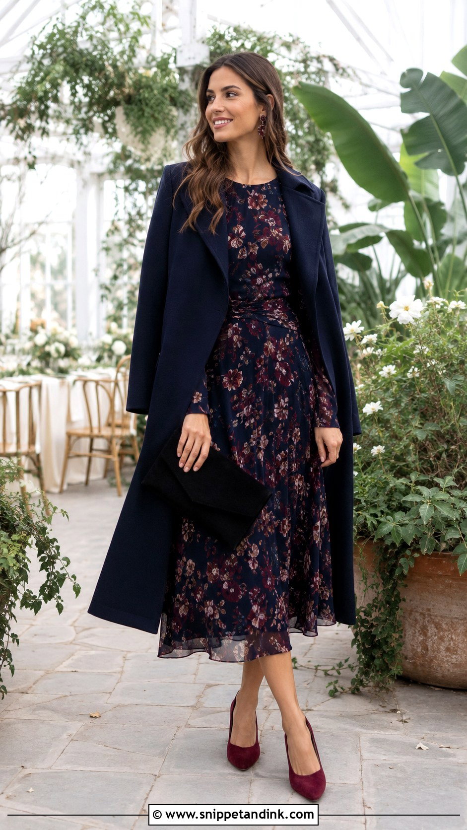 Dark Floral Midi Dress Fall Wedding Outfit - Snippet and Ink - 20 Fall Semi Formal Wedding Attire Ideas