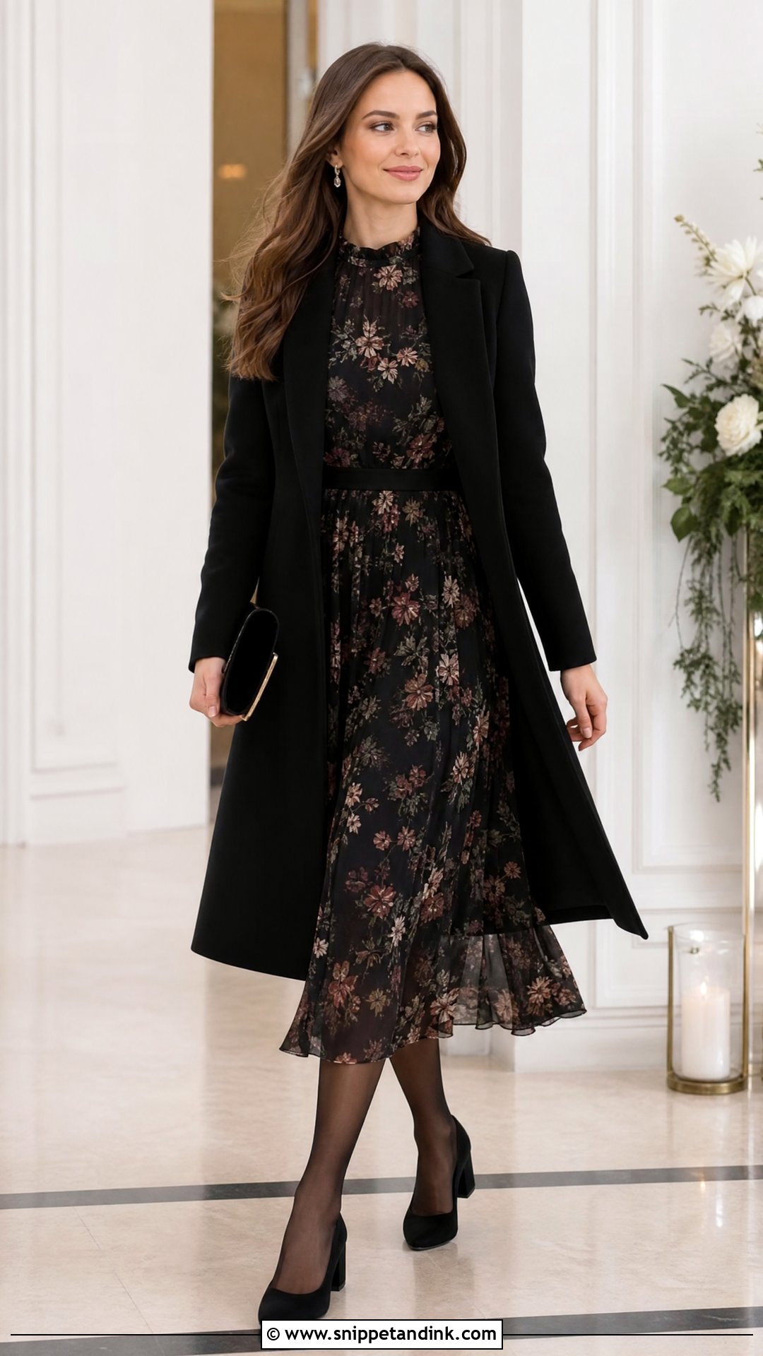 Dark Floral Midi Dress Winter Wedding Outfit - Snippet and Ink - 20 Semi Formal Winter Wedding Attire Ideas
