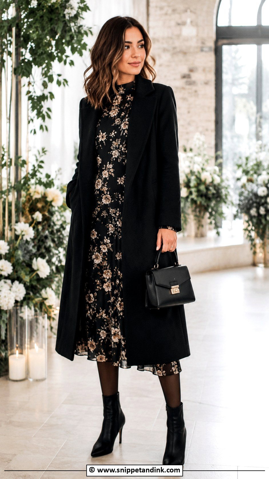 Dark Floral Midi Dress With Ankle Boots - Snippet and Ink - 35 Winter Wedding Dress Ideas