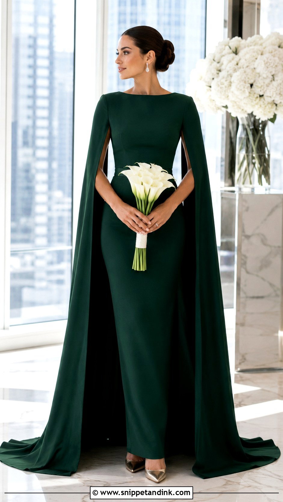Dark Green Cape Sleeve Wedding Dress - Snippet and Ink - 20 Green Bride Dress Ideas