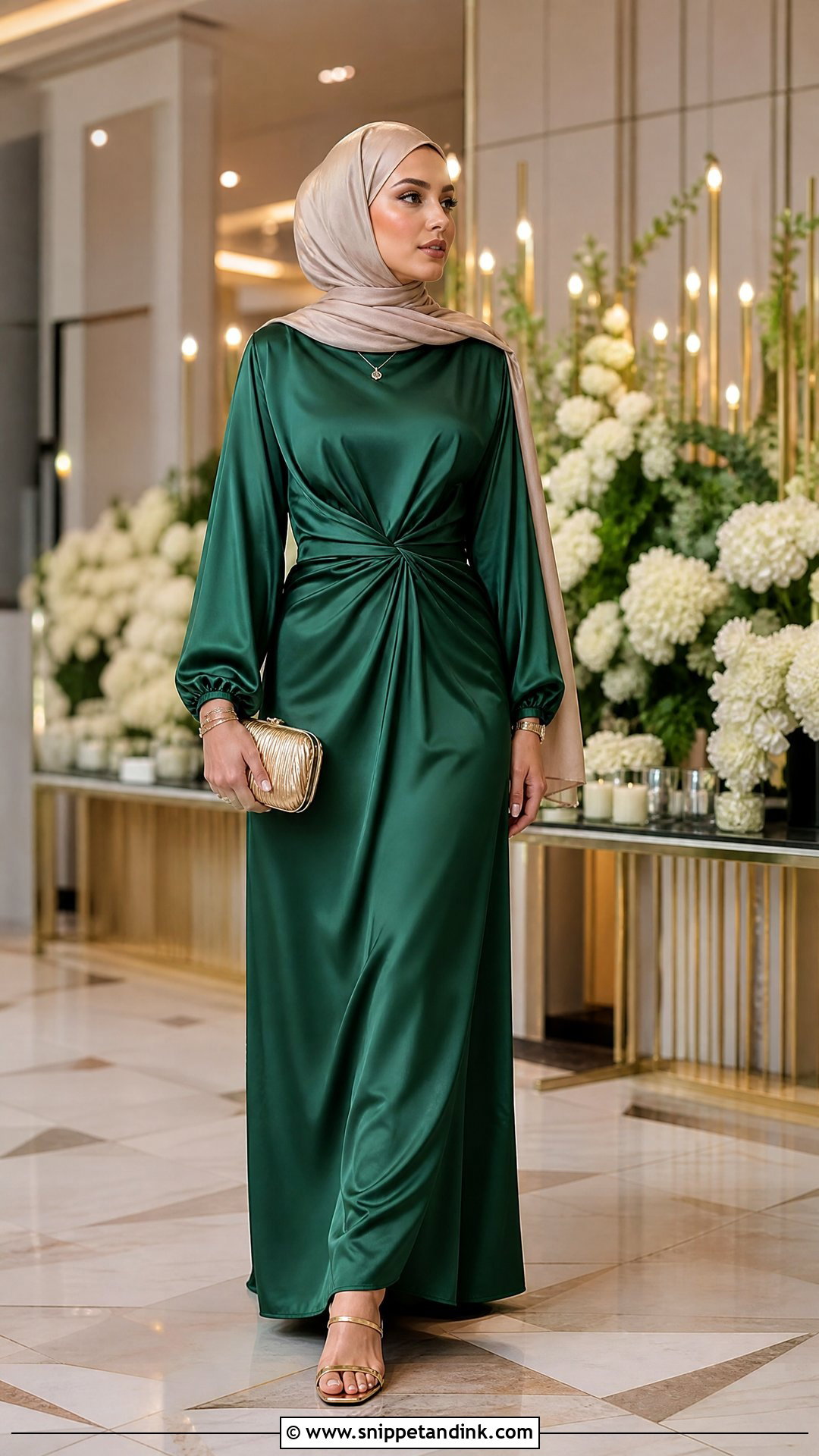 Dark Green Dress With Gold Accessories - Snippet and Ink - 25 Dresses to Wear to a Wedding Hijab