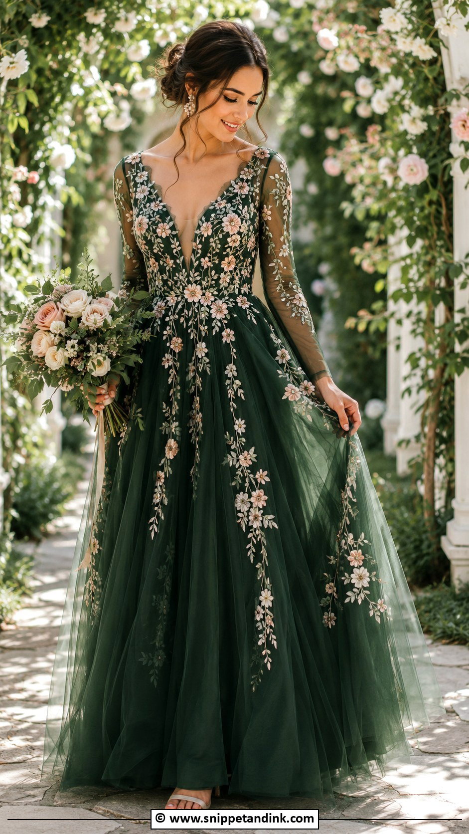 Dark Green Floral Embroidered Wedding Dress - Snippet and Ink - 25 Dark Green Wedding Dress Ideas