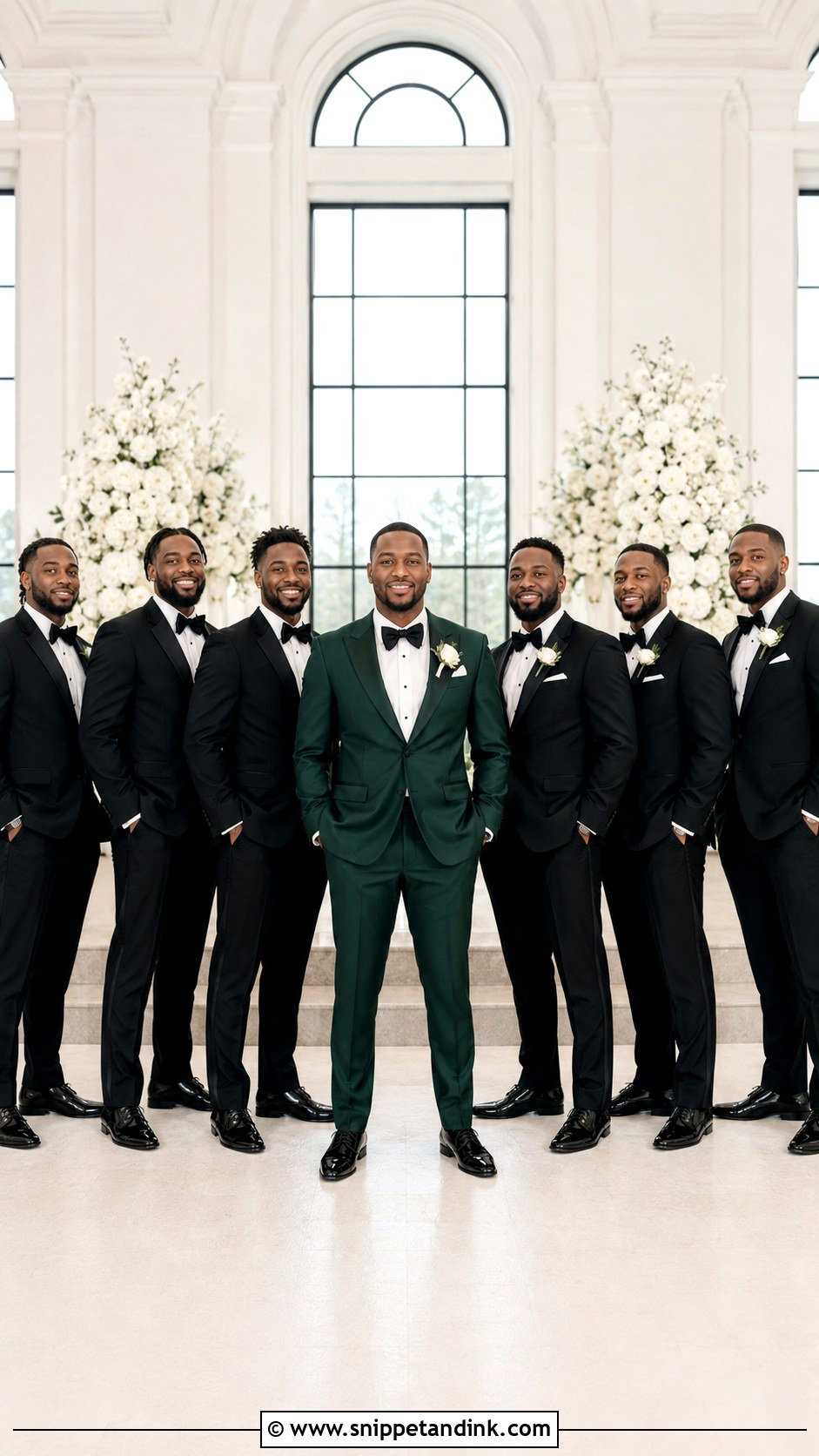 Dark Green Groom Tuxedo With Black Groomsmen Tuxedos - Snippet and Ink - 20 Dark Green Tuxedo Wedding Ideas