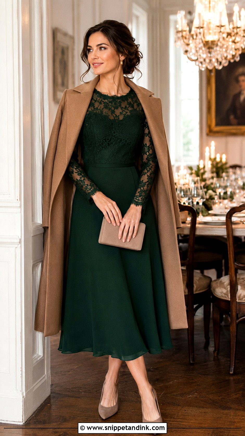 Dark Green Lace Sleeve Dress With Neutral Pumps - Snippet and Ink - 20 Casual Winter Wedding Dress Ideas