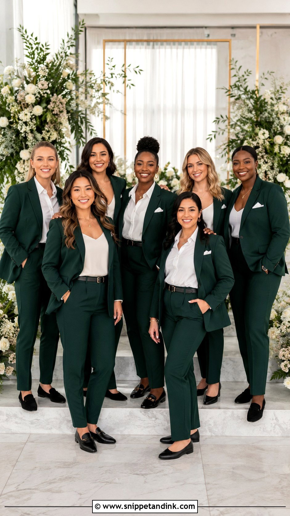 Dark Green Pantsuits With White Shirts - Snippet and Ink - 20 Green Wedding Party Attire Ideas