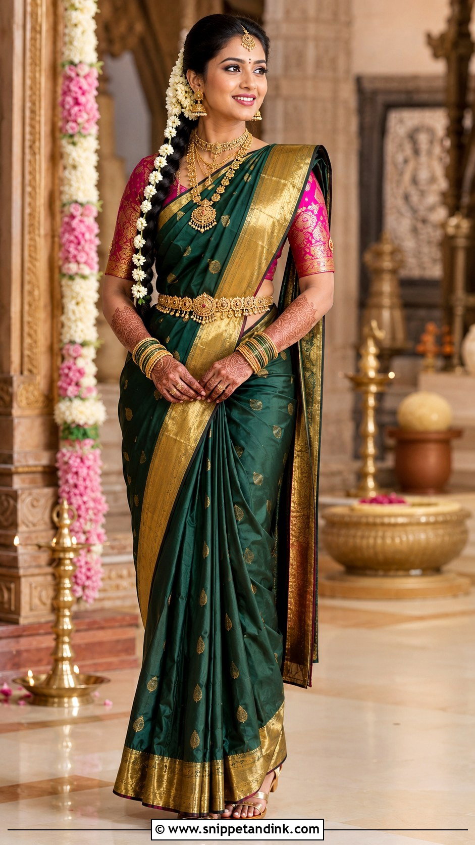 Dark Green Silk Saree Bridal Mehndi Look - Snippet and Ink - 20 Green Bridal Mehndi Outfit Ideas