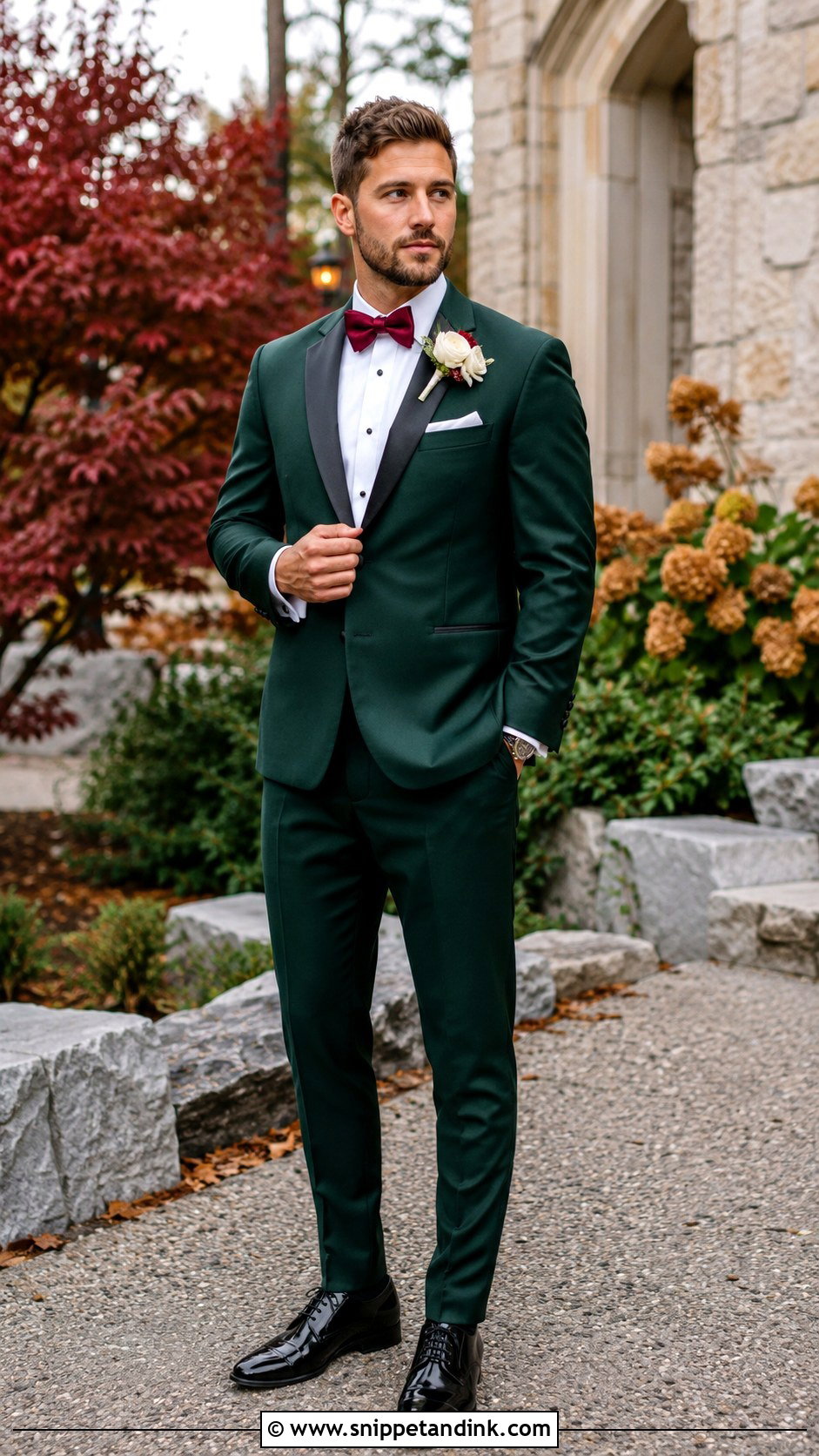 Dark Green Tuxedo With Burgundy Bow Tie - Snippet and Ink - 20 Dark Green Tuxedo Wedding Ideas