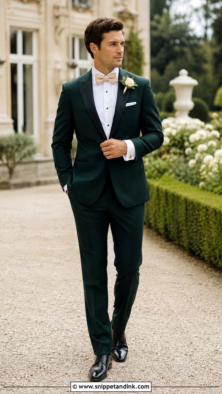 Dark Green Tuxedo With Champagne Bow Tie - Snippet and Ink - 20 Dark Green Tuxedo Wedding Ideas