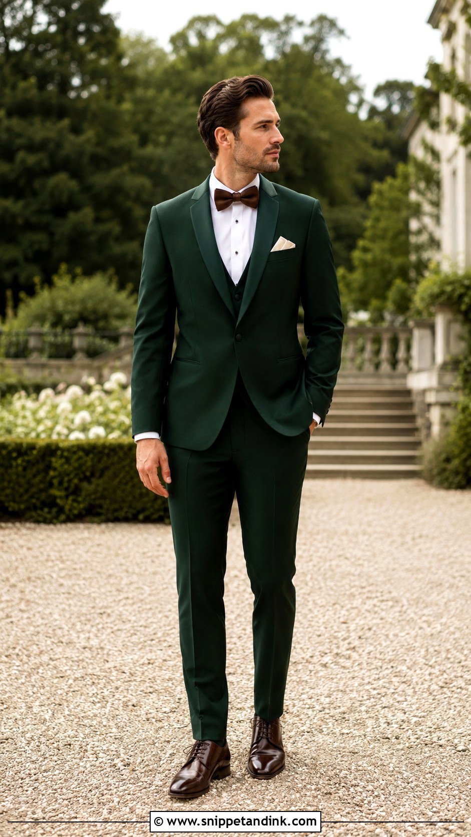 Dark Green Tuxedo With Dark Brown Shoes - Snippet and Ink - 20 Dark Green Tuxedo Wedding Ideas