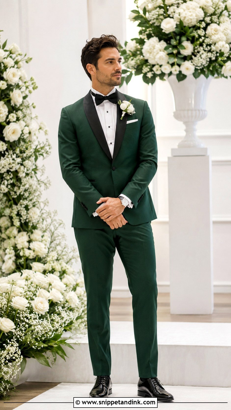 Dark Green Tuxedo With White Floral Boutonniere - Snippet and Ink - 20 Dark Green Tuxedo Wedding Ideas