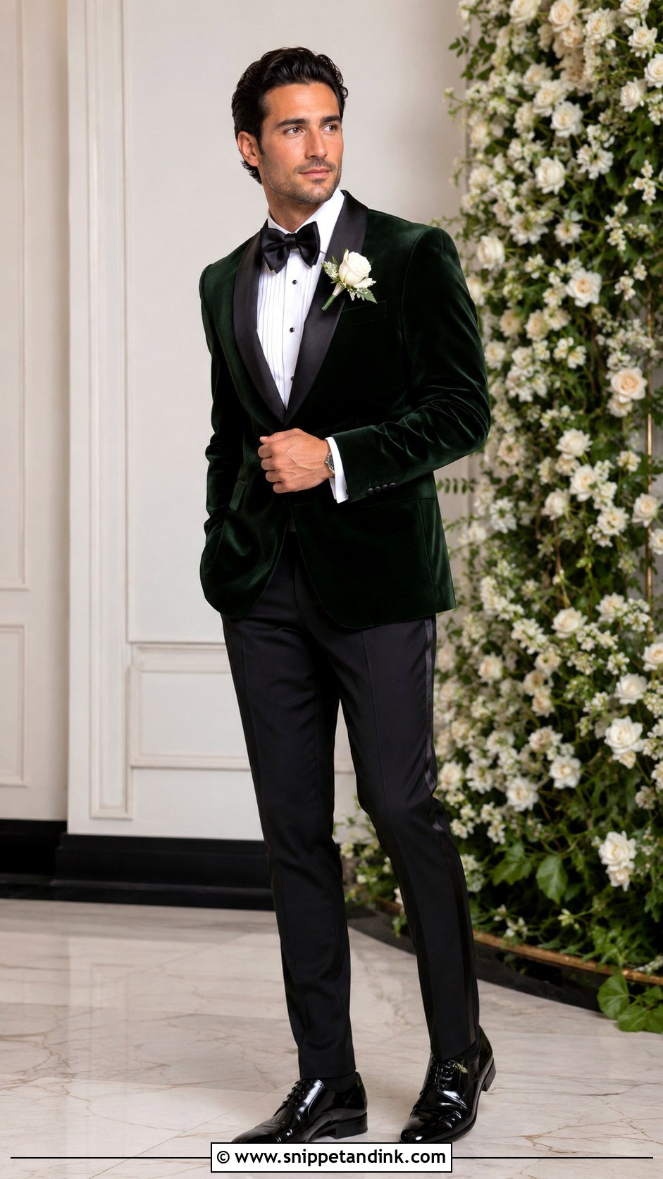 Dark Green Velvet Tuxedo With Black Trousers - Snippet and Ink - 20 Dark Green Tuxedo Wedding Ideas